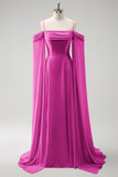 A-Line Cold Shoulder Chiffon Long Lilac Bridesmaid Dress with Capes