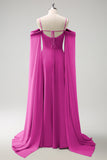 A-Line Cold Shoulder Chiffon Long Lilac Bridesmaid Dress with Capes