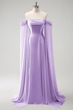 A-Line Cold Shoulder Chiffon Long Lilac Bridesmaid Dress with Capes