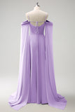 A-Line Cold Shoulder Chiffon Long Lilac Bridesmaid Dress with Capes