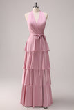 Pink A-Line V-Neck Tiered Ruched Satin Long Bridesmaid Dress with Ruffle Slit