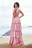 Pink A-Line V-Neck Tiered Ruched Satin Long Bridesmaid Dress with Ruffle Slit