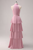 Pink A-Line V-Neck Tiered Ruched Satin Long Bridesmaid Dress with Ruffle Slit