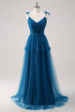 Dark Blue A-Line Spaghetti Straps Ruched Long Tulle Bridesmaid Dress