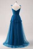 Dark Blue A-Line Spaghetti Straps Ruched Long Tulle Bridesmaid Dress