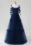 Navy A-Line Spaghetti Straps Flowers Corset Tulle Long Prom Dress