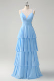 White Blue Flower A-Line Tiered Chiffon Maxi Dress