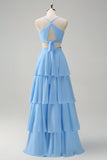 White Blue Flower A-Line Tiered Chiffon Maxi Dress