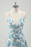 White Blue Flower A-Line Tiered Chiffon Maxi Dress