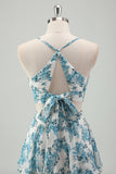White Blue Flower A-Line Tiered Chiffon Maxi Dress