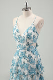 White Blue Flower A-Line Tiered Chiffon Maxi Dress