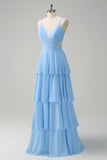 White Blue Flower A-Line Tiered Chiffon Maxi Dress