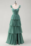 Eucalyptus A-Line Tiered Ruched Corset Long Bridesmaid Dress with Slit