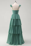 Eucalyptus A-Line Tiered Ruched Corset Long Bridesmaid Dress with Slit
