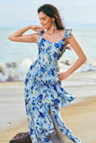 Blue Flower A-Line Corset Tiered Print Long Bridesmaid Dress with Ruffles
