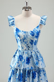 Blue Floral A Line Corset Tiered Maxi Dress With Slit