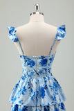 Blue Floral A Line Corset Tiered Maxi Dress With Slit