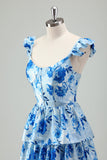 Blue Floral A Line Corset Tiered Maxi Dress With Slit