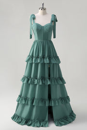 Eucalyptus A-Line Bow Tie Straps Corset Bridesmaid Dress