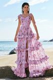 Grey Purple A-Line Lace Up Back Tiered Floral Bridesmaid Dress with Slit