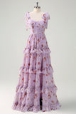 Grey Purple A-Line Lace Up Back Tiered Floral Bridesmaid Dress with Slit