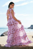 Grey Purple A-Line Lace Up Back Tiered Floral Bridesmaid Dress with Slit