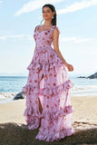 Grey Purple A-Line Lace Up Back Tiered Floral Bridesmaid Dress with Slit