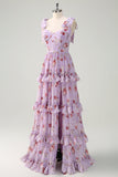 Grey Purple A Line Print Floral Lace Up Back Tiered Long Bridesmaid Dress with Slit