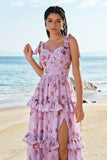 Grey Purple A-Line Lace Up Back Tiered Floral Bridesmaid Dress with Slit