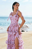 Grey Purple A-Line Lace Up Back Tiered Floral Bridesmaid Dress with Slit
