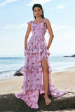 Grey Purple A-Line Lace Up Back Tiered Floral Bridesmaid Dress with Slit