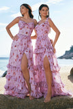 Grey Purple A-Line Lace Up Back Tiered Floral Bridesmaid Dress with Slit
