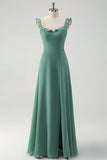 Eucalyptus A-Line Square Neck Backless Floor Length Bridesmaid Dress with Slit