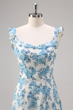 White Blue Flower A Line Square Neck Maxi Dress with Slit