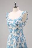 White Blue Flower A Line Square Neck Maxi Dress with Slit