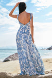 A-Line Square Neck White Blue Flower Long Bridesmaid Dress with Slit