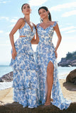 A-Line Square Neck White Blue Flower Long Bridesmaid Dress with Slit