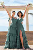 A-Line Spaghetti Straps Corset Long Ruffled Eucalyptus Bridesmaid Dress with Slit