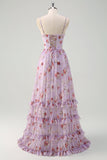 Grey Purple A-Line Lace Up Back Print Floral Long Bridesmaid Dress with Slit