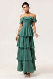 A-Line Off The Shoulder Tiered Ruched Chiffon Long Eucalyptus Bridesmaid Dress