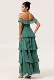 A-Line Off The Shoulder Tiered Ruched Chiffon Long Eucalyptus Bridesmaid Dress