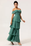 A-Line Off The Shoulder Tiered Ruched Chiffon Long Eucalyptus Bridesmaid Dress