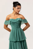 A-Line Off The Shoulder Tiered Ruched Chiffon Long Eucalyptus Bridesmaid Dress