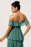 A-Line Off The Shoulder Tiered Ruched Chiffon Long Eucalyptus Bridesmaid Dress