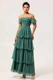 A-Line Off The Shoulder Tiered Ruched Chiffon Long Eucalyptus Bridesmaid Dress