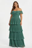 Off the Shoulder Eucalyptus Tiered Pleated Chiffon Plus Size Long Bridesmaid Dress with Ruffles