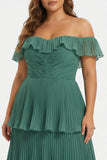 Off the Shoulder Eucalyptus Tiered Pleated Chiffon Plus Size Long Bridesmaid Dress with Ruffles