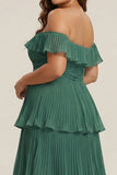 Off the Shoulder Eucalyptus Tiered Pleated Chiffon Plus Size Long Bridesmaid Dress with Ruffles
