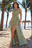 Dusty Sage A Line Cold Shoulder Burnout Velvet Floor Length Dress with Slit