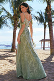 Dusty Sage A Line Cold Shoulder Burnout Velvet Floor Length Dress with Slit